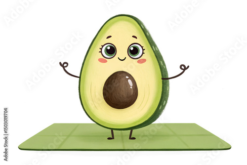 Funny Avocado Doing Yoga – Playful Cartoon Character in Meditation Pose on White Background