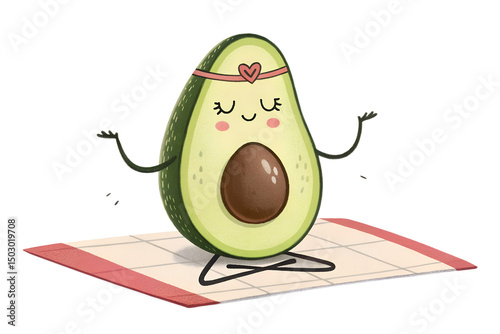 Funny Avocado Doing Yoga – Playful Cartoon Character in Meditation Pose on White Background