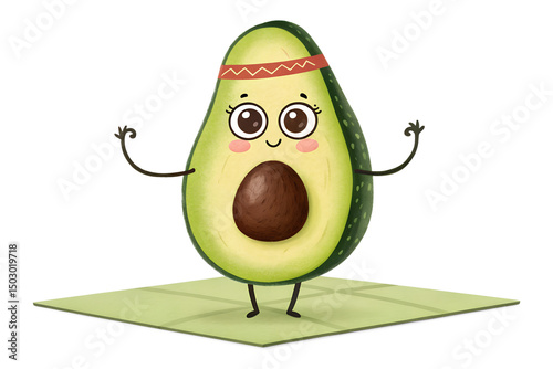 Funny Avocado Doing Yoga – Playful Cartoon Character in Meditation Pose on White Background