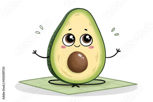 Funny Avocado Doing Yoga – Playful Cartoon Character in Meditation Pose on White Background