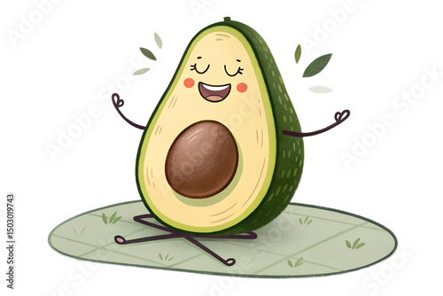 Funny Avocado Doing Yoga – Playful Cartoon Character in Meditation Pose on White Background