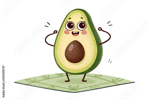 Funny Avocado Doing Yoga – Playful Cartoon Character in Meditation Pose on White Background