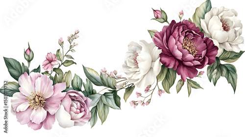 Fototapeta Naklejka Na Ścianę i Meble -  Watercolor floral corner border with pink and white peonies, roses, and greenery on white background.