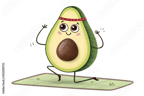 Funny Avocado Doing Yoga – Playful Cartoon Character in Meditation Pose on White Background