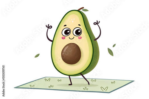 Funny Avocado Doing Yoga – Playful Cartoon Character in Meditation Pose on White Background