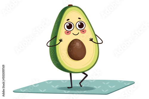 Funny Avocado Doing Yoga – Playful Cartoon Character in Meditation Pose on White Background