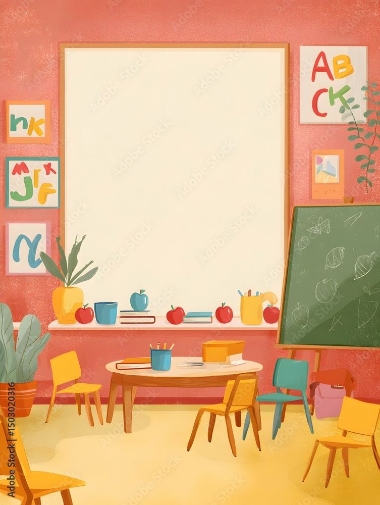 Obraz premium Bright, engaging kindergarten poster showcasing vibrant alphabet art and playful cheerful illustrations.