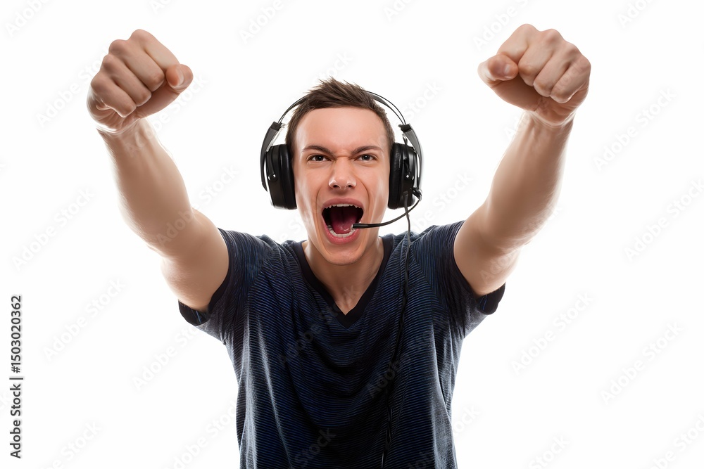 Fototapeta premium Triumphant young male esports gamer with vibrant headset, celebrating victory passionately.