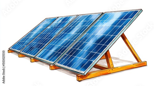 Angled Blue Solar Panels on Wooden Stand Illustration