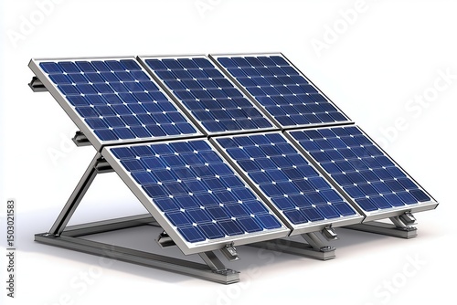Angled Solar Panel Array on Metallic Stand Against White Background