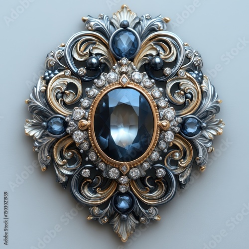 Ornate Vintage Brooch: Sapphires & Diamonds in Intricate Metalwork Design