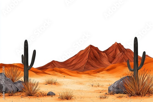 Arid Desert Landscape with Saguaro Cacti and Reddish Mountains