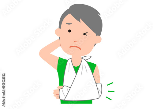 腕を骨折してギブスをする男性　上半身
