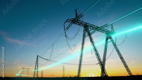 Visualizing the flow of electricity in the form of glowing particles along high-voltage transmission lines. Electric power lines silhouetted against colorful sunset in an open landscape. 3d animation