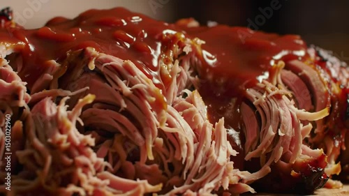 Pulled pork with glossy barbecue sauce, orbiting close-up, zoom, tilt, photorealistic comfort food