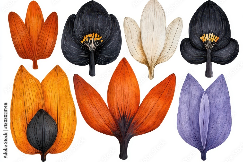 Fototapeta premium Assorted Watercolor Leaves in Vivid Hues on White Background Botanical Illustration