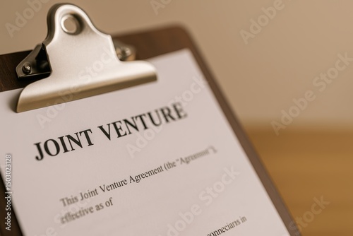 Joint Venture Agreement Document on Clipboard with Soft Lighting and Blurred Background