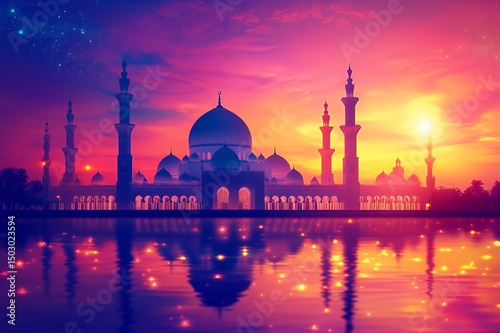Majestic Mosque Silhouette at Sunset Over Water