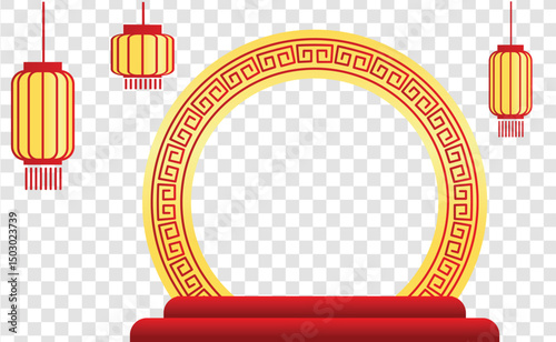 Chinese New Year with red and gold oriental frame, lanterns and podium on transparent background. Oriental poster design for the holiday. Suitable for poster, advertising, postcard