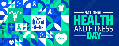 National Health and Fitness Day Geometric shape pattern background banner or poster design template. observed every year in June. Holiday concept. Use to any Template, card, poster, placard, template.