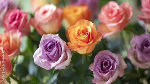 Close-up of vibrant orange and purple roses creating elegant floral background, showcasing diverse colors and delicate petal textures.
