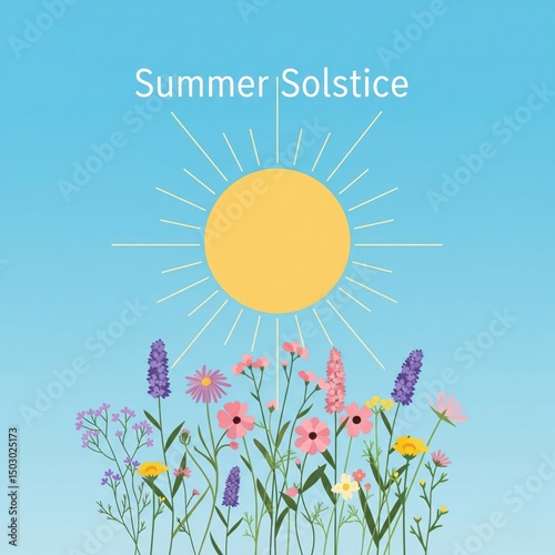 Summer solstice illustration with sun and flowers under blue sky featuring verbena, asters, and other wildflowers in pastel shades for summer design