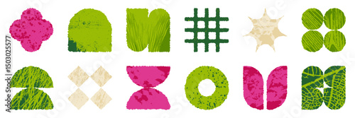 Brutalist geometric eco shapes set with organic overlay texture. Brutal contemporary figure. Vector element rewilding aesthetic.