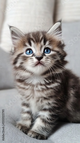 Cute fluffy kitten with striking blue eyes sits adorably on a soft grey couch, showcasing its playful nature and innocent charm, perfect for animal lovers and pet enthusiasts alike.
