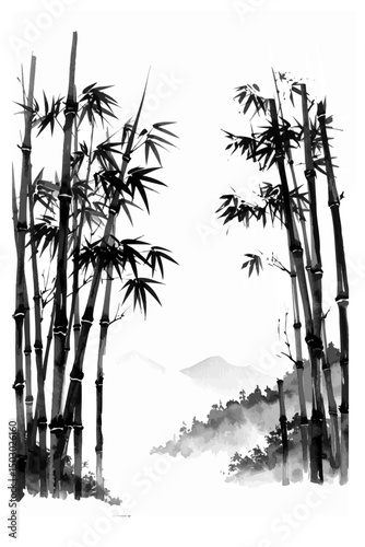 白黒で描かれた竹林