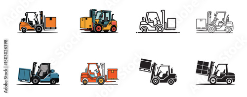 set of forklift icons, warehouse lifting equipment vector illustrations, material handling and logistics operations
