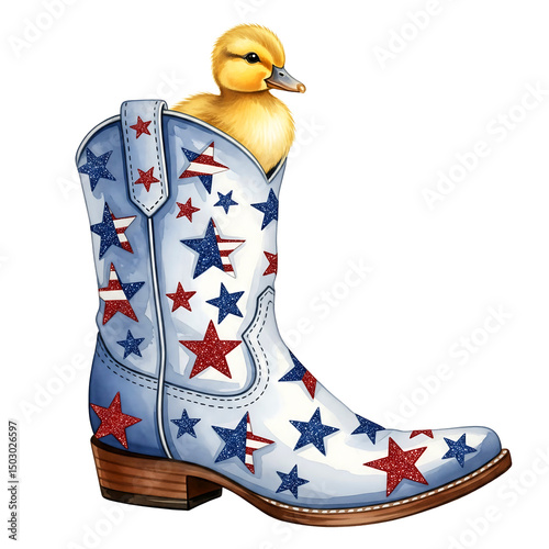 Patriotic cowboy boot with duckling inside isolated on white background