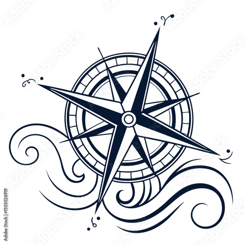 Nautical compass rose with waves silhouette