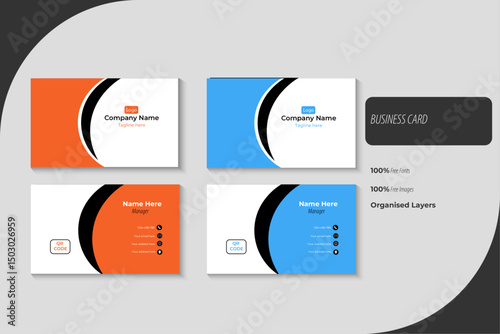 MODERN doubled sided 3.5 inches and 2 inches business card templates orange and blue color, with clean , professional minimalist looks, visiting card with editable vector geometric design and layout.