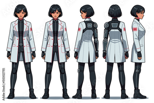 female scientist, sleek lab coat with neon piping, short asymmetrical haircut,