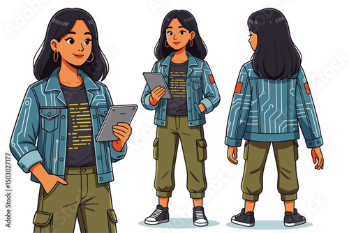 young Asian female, denim jacket with circuit pattern, t-shirt with code graphics,