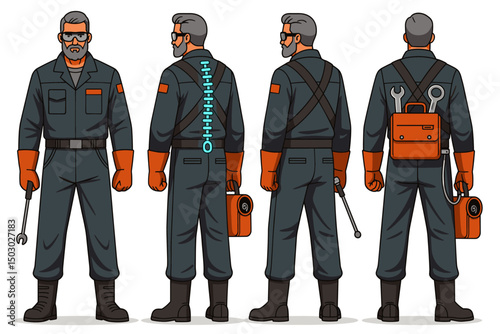 older male, gray jumpsuit, exosuit spine assist unit, welding gloves, tool backpack, beard and glasses, serious expression
