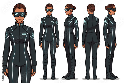 androgynous character, smooth synthetic fabric uniform, glowing seams, monocle-like scanner device, cybernetic implants, emotionless face
