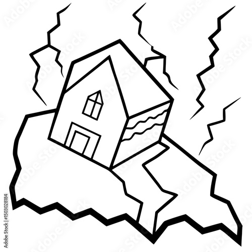 House cracking during earthquake with lightning bolts in black outline  