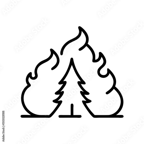 Tree caught in flames with surrounding fire in simple line art  