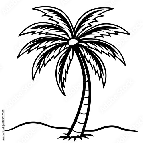 Black line drawing of a palm tree on the sandy beach  