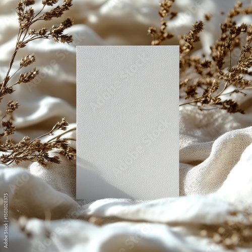 Blank invitation card in ceramic plate surrounded dried flowers and pampas grass, Invitation card mockup