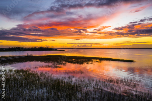 Aerial view of sunset over the salt marsh in eastern North Carolina