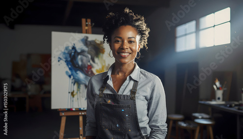 Beautiful Black Woman Portrait Artist in a Sunlit Studio