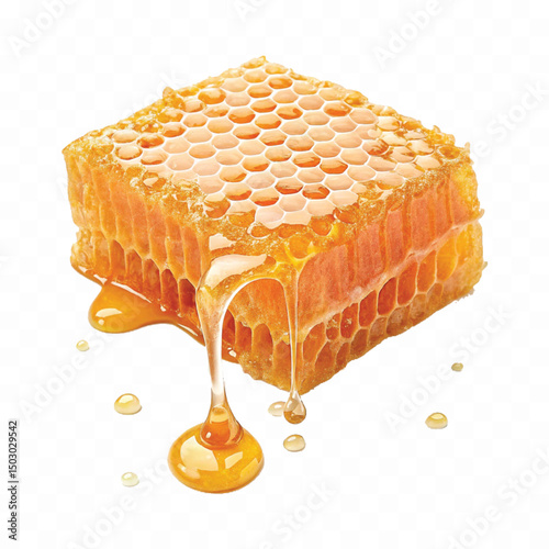 realistic  glossy honeycomb with flowing liquid honey  isolated on transparent background