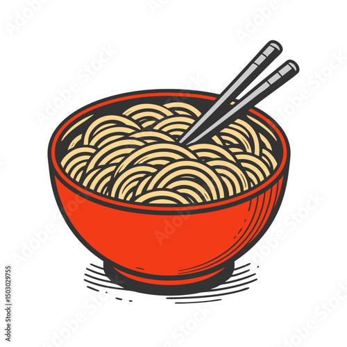 Aromatic Noodles in Red Bowl: Delicious Asian Cuisine