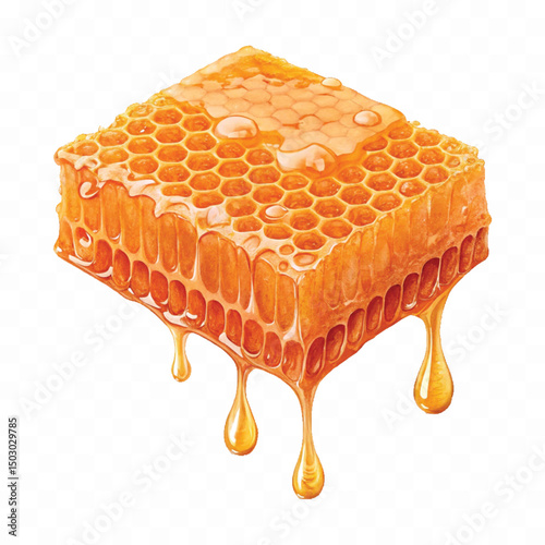 realistic  glossy honeycomb with flowing liquid honey  isolated on transparent background