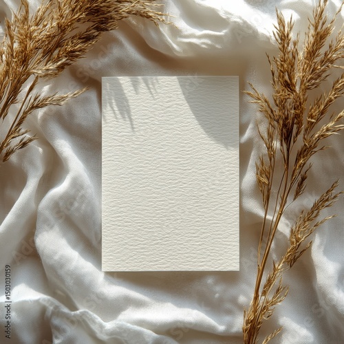Blank invitation card in ceramic plate surrounded dried flowers and pampas grass, Invitation card mockup