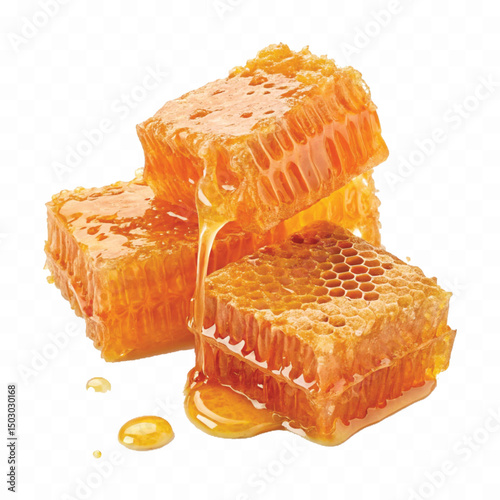 realistic  glossy honeycomb with flowing liquid honey  isolated on transparent background