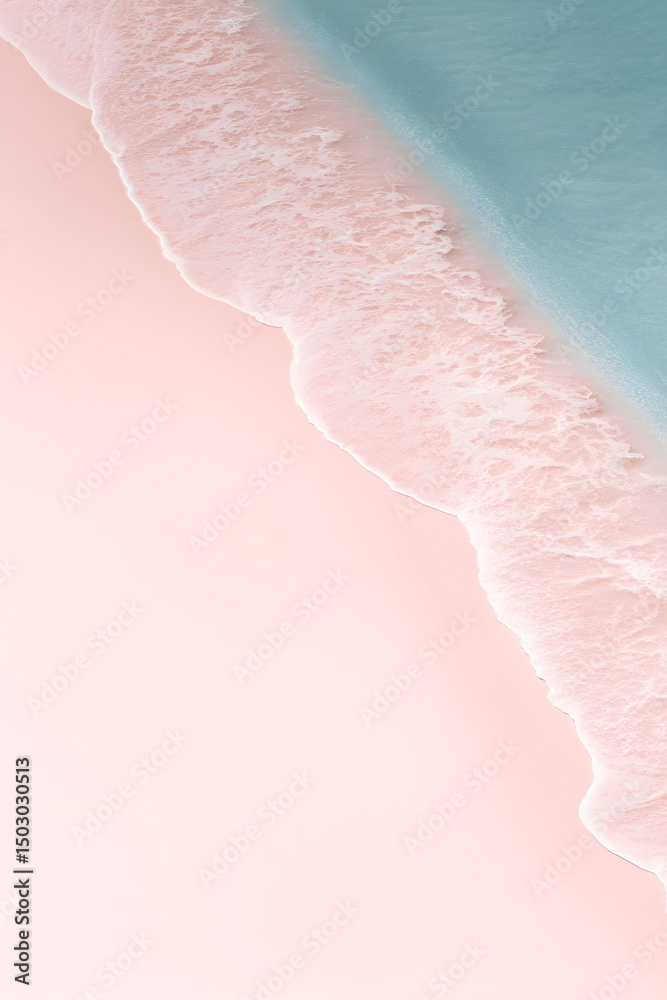 Fototapeta premium Dreamy aerial view captures the gentle embrace of the turquoise ocean onto a blush pink beach