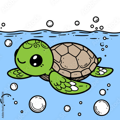 Adorable Baby Sea Turtle Swimming Underwater Cartoon Illustration